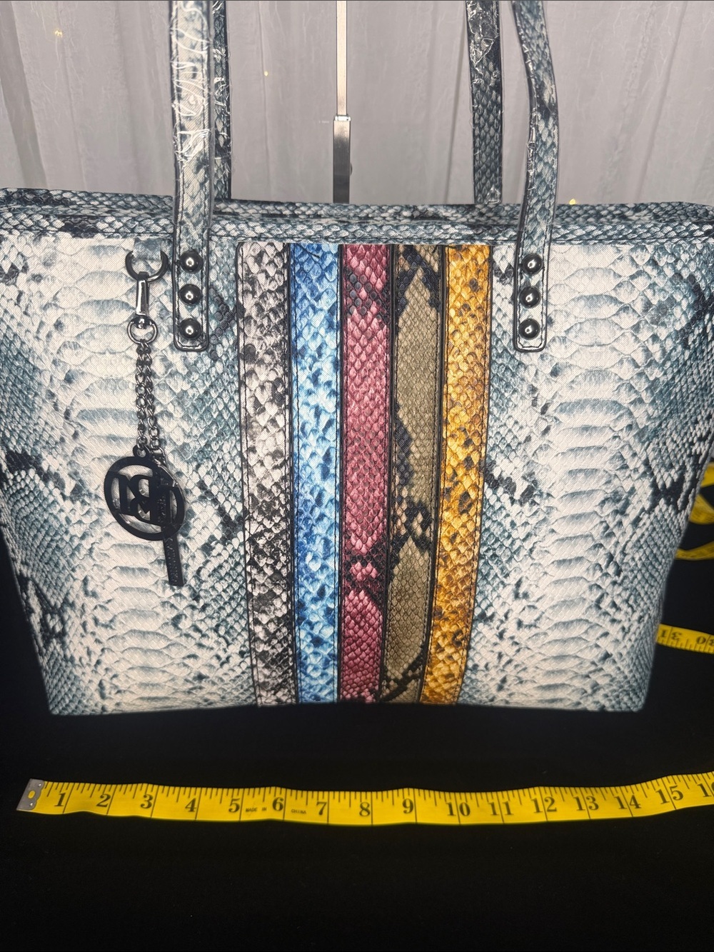Python-Texture Tote with Multicolor Stripe Accents - Picture 8 of 10